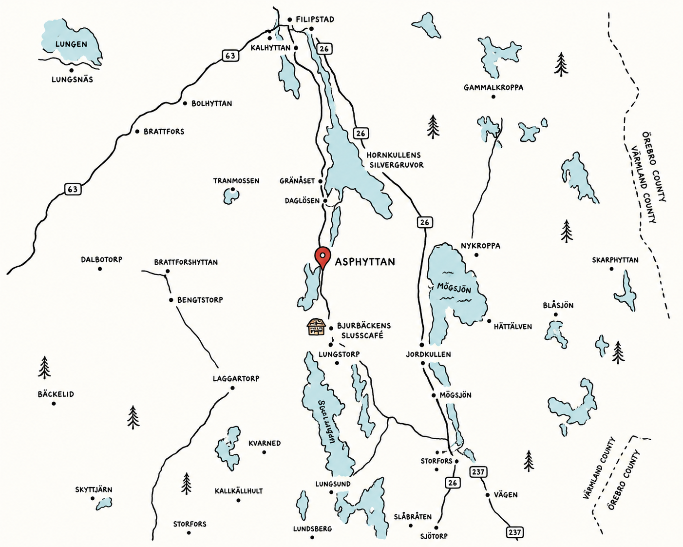 Hand-drawn map of Värmland region with a marker at Asphyttan